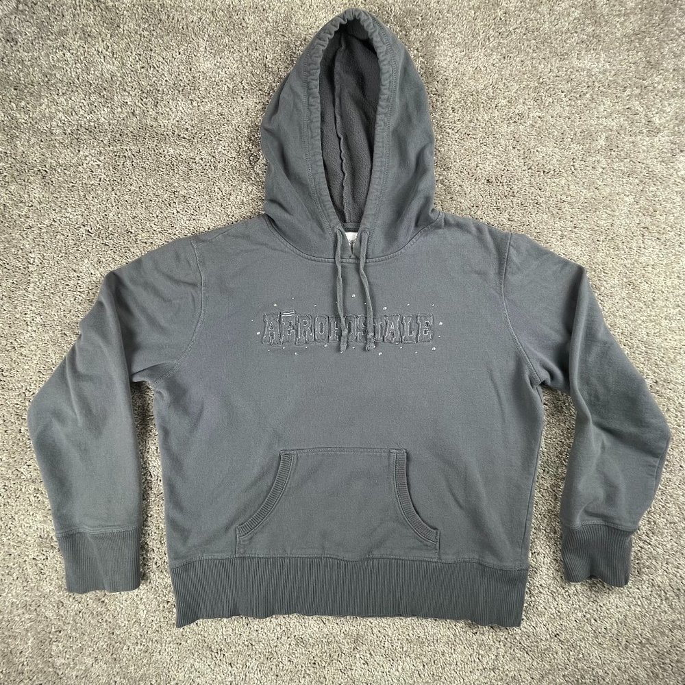 Aeropostale Hoodie Women's Large Gray Pullover Sweatshirt Graphic Long Sleeve